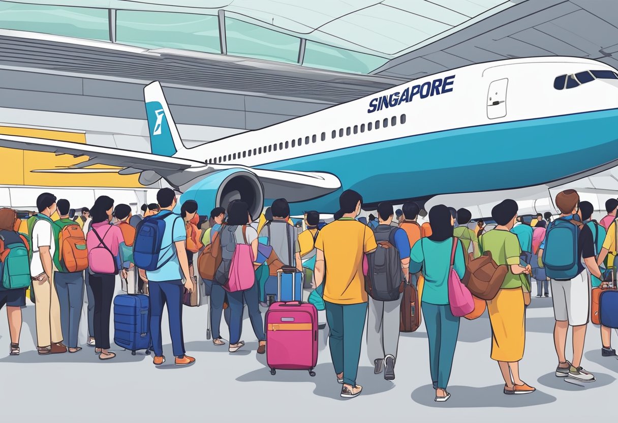 Passengers boarding a plane from Singapore to Phuket, with a line of people at the check-in counter and luggage being loaded onto the aircraft