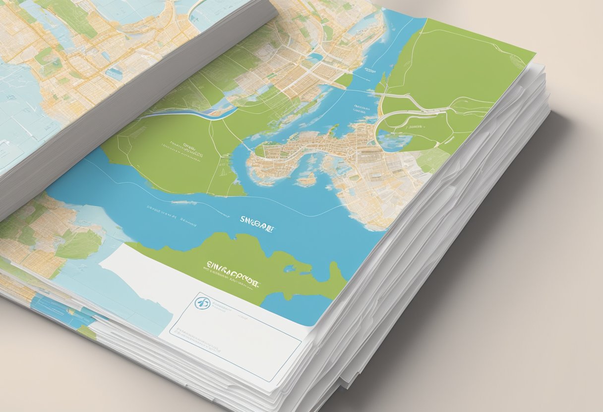 A stack of FAQ brochures on a table, with a map of Singapore in the background