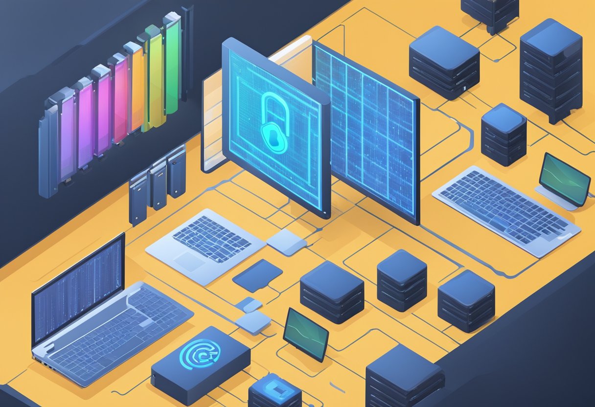 A computer screen with a lock symbol representing user privacy, surrounded by data servers and files being securely managed