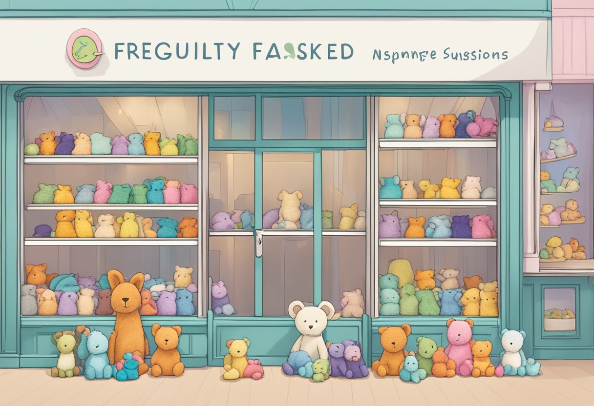 A colorful display of Jellycat toys in Singapore, with a sign reading "Frequently Asked Questions" in the background