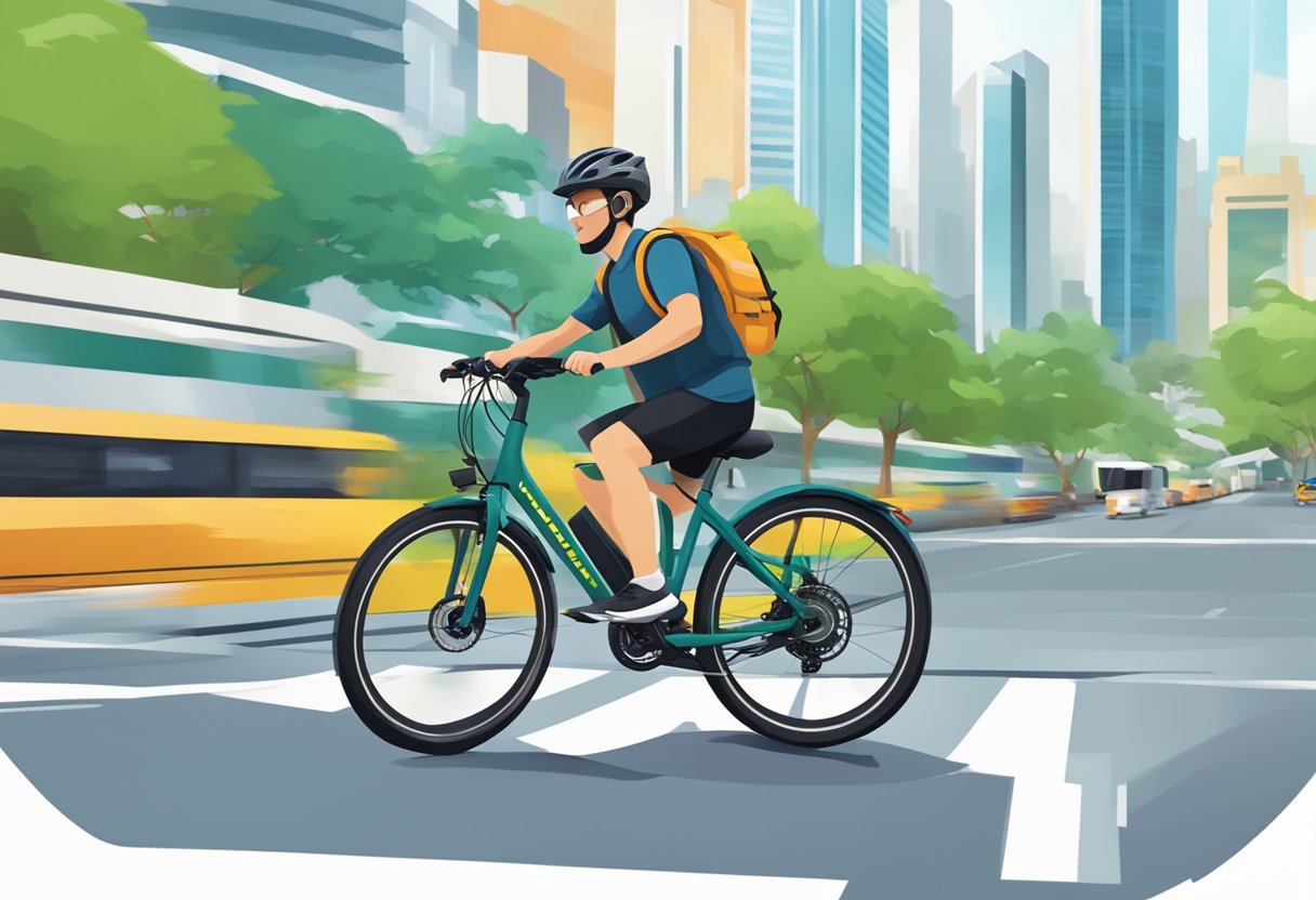 An e-bike zooms through the bustling streets of Singapore, passing by iconic landmarks and modern skyscrapers, with lush greenery in the background