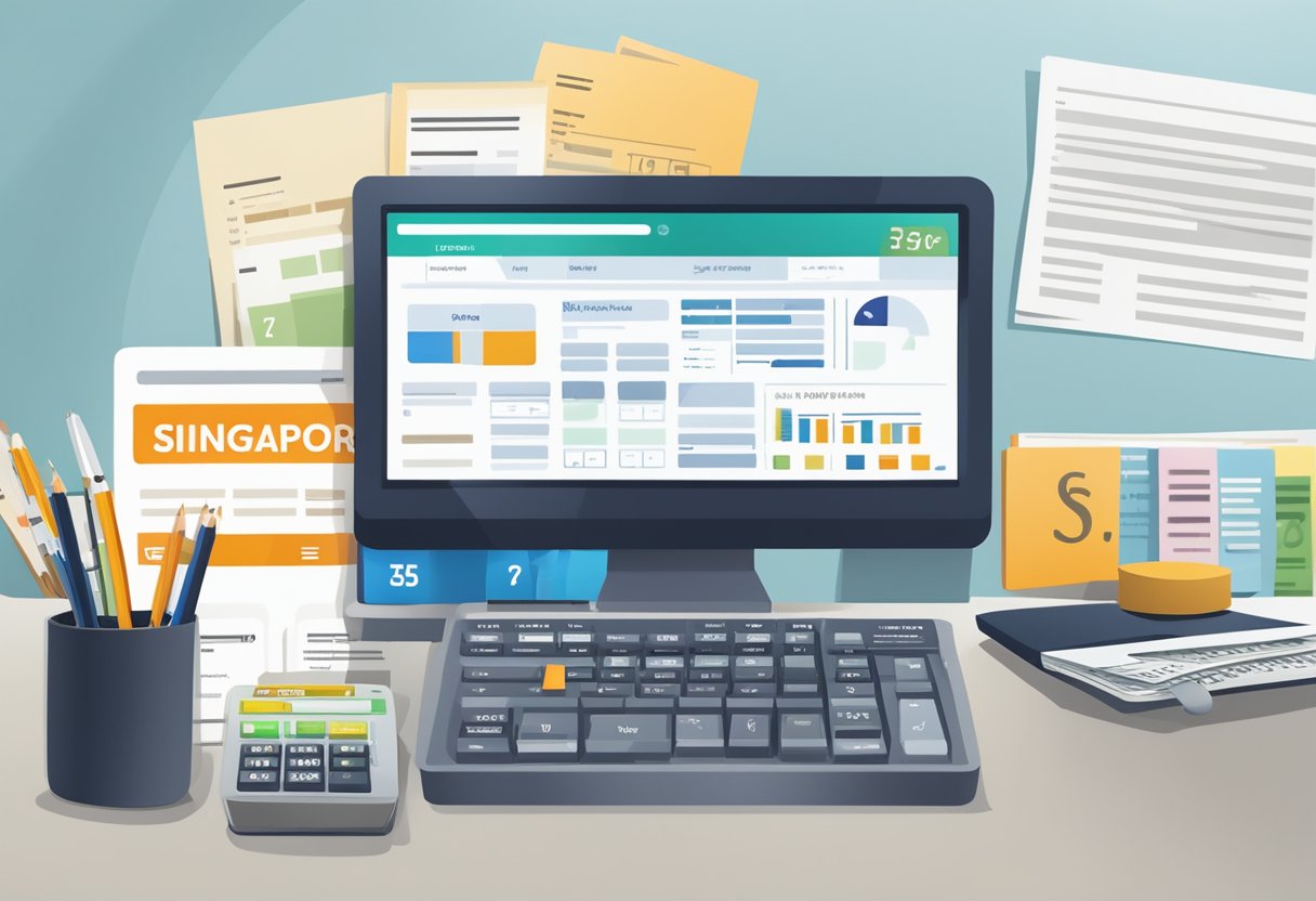An office desk with a computer displaying the Singapore income tax calculator website, surrounded by tax forms and a calculator