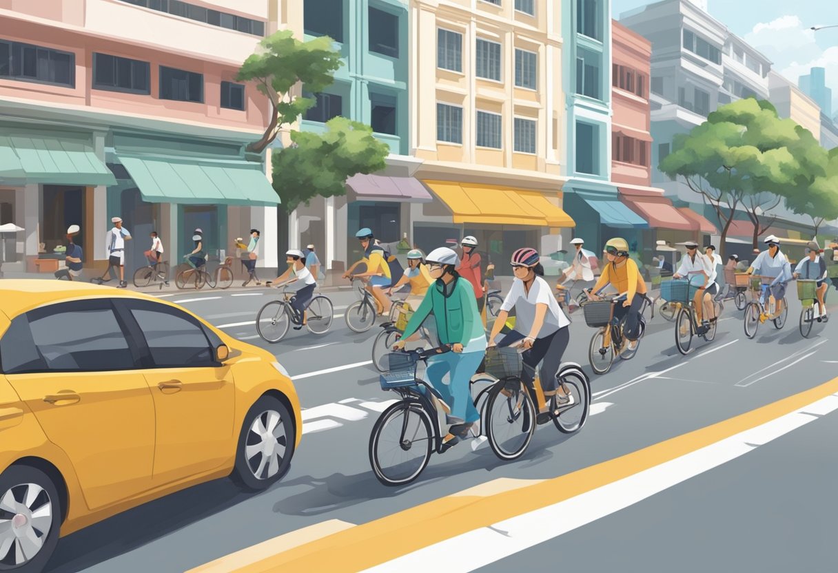 A bustling Singapore street with e-bikes weaving through traffic, with riders effortlessly gliding past traditional bicycles and pedestrians