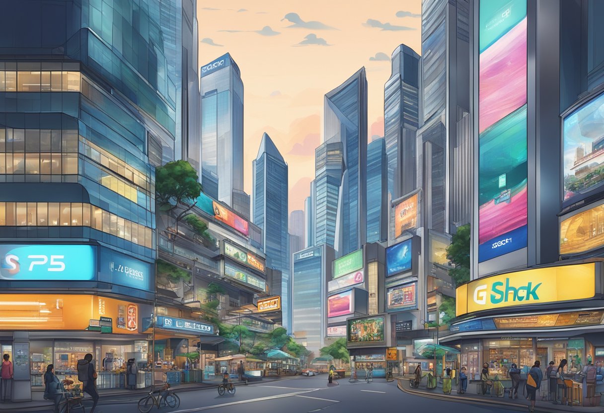 A vibrant cityscape of Singapore with the iconic G Shock store standing out amidst the bustling streets and towering skyscrapers