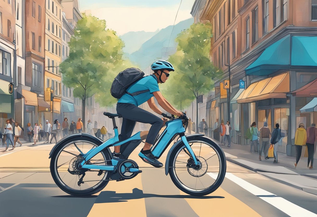 An e-bike rider navigates through a bustling urban street, passing by cars and pedestrians. The rider effortlessly pedals up a steep hill, showcasing the practicality of e-bike usage in a city setting