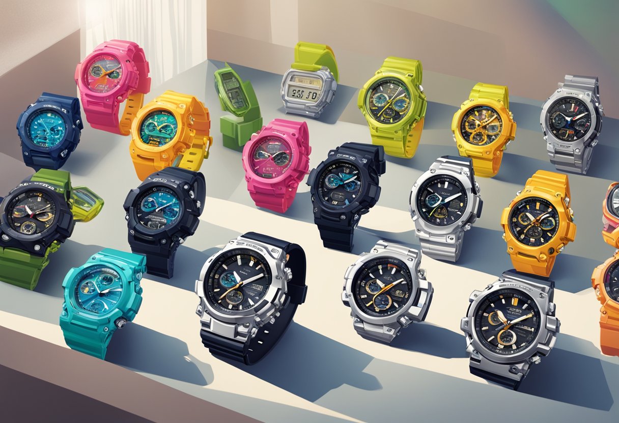 A display of colorful G-Shock watches arranged in a stylish and modern setting