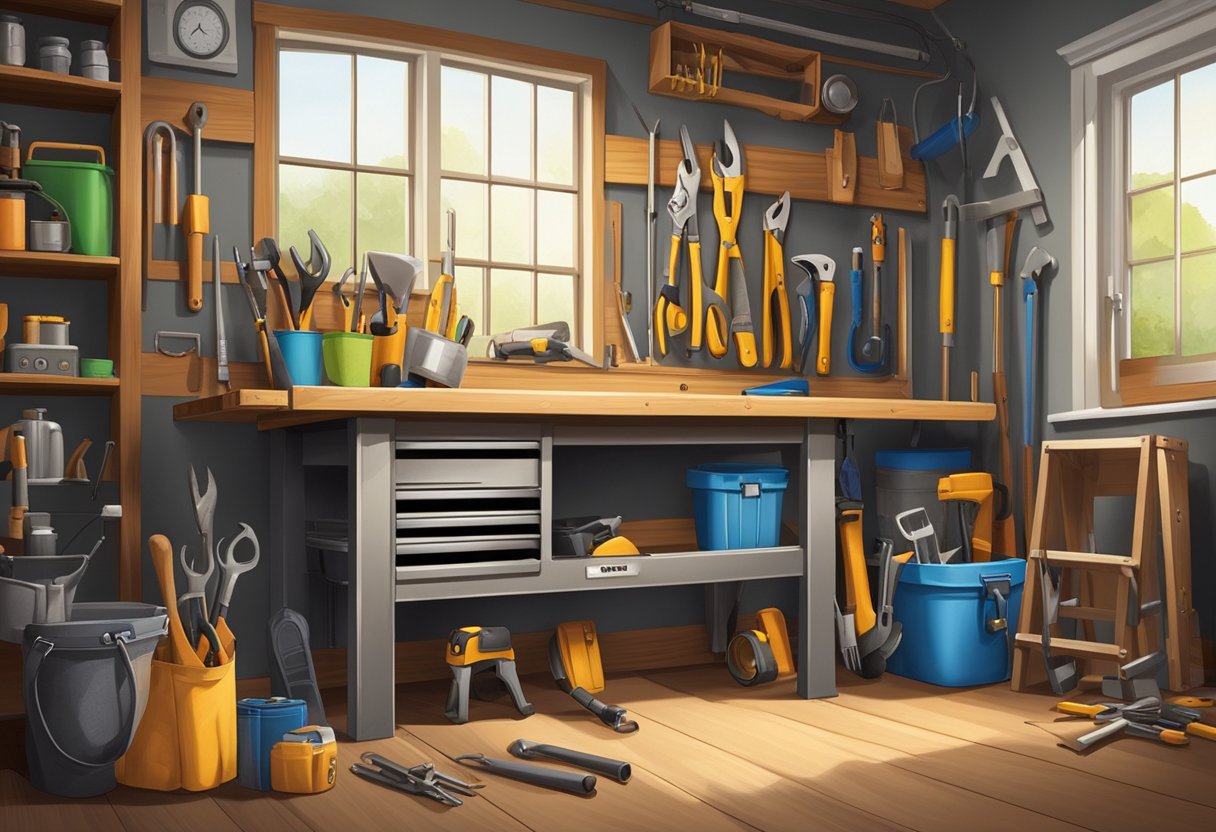 A toolbox sits open on a wooden workbench, surrounded by various hand tools and measuring equipment. A ladder leans against the wall, and a utility belt hangs from a hook nearby