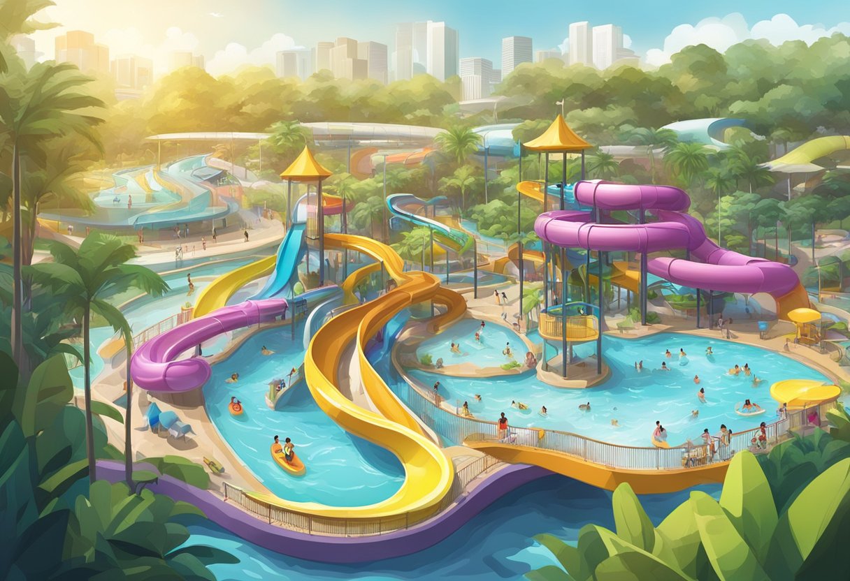 A vibrant water park in Singapore with colorful slides, lazy river, and bustling wave pool