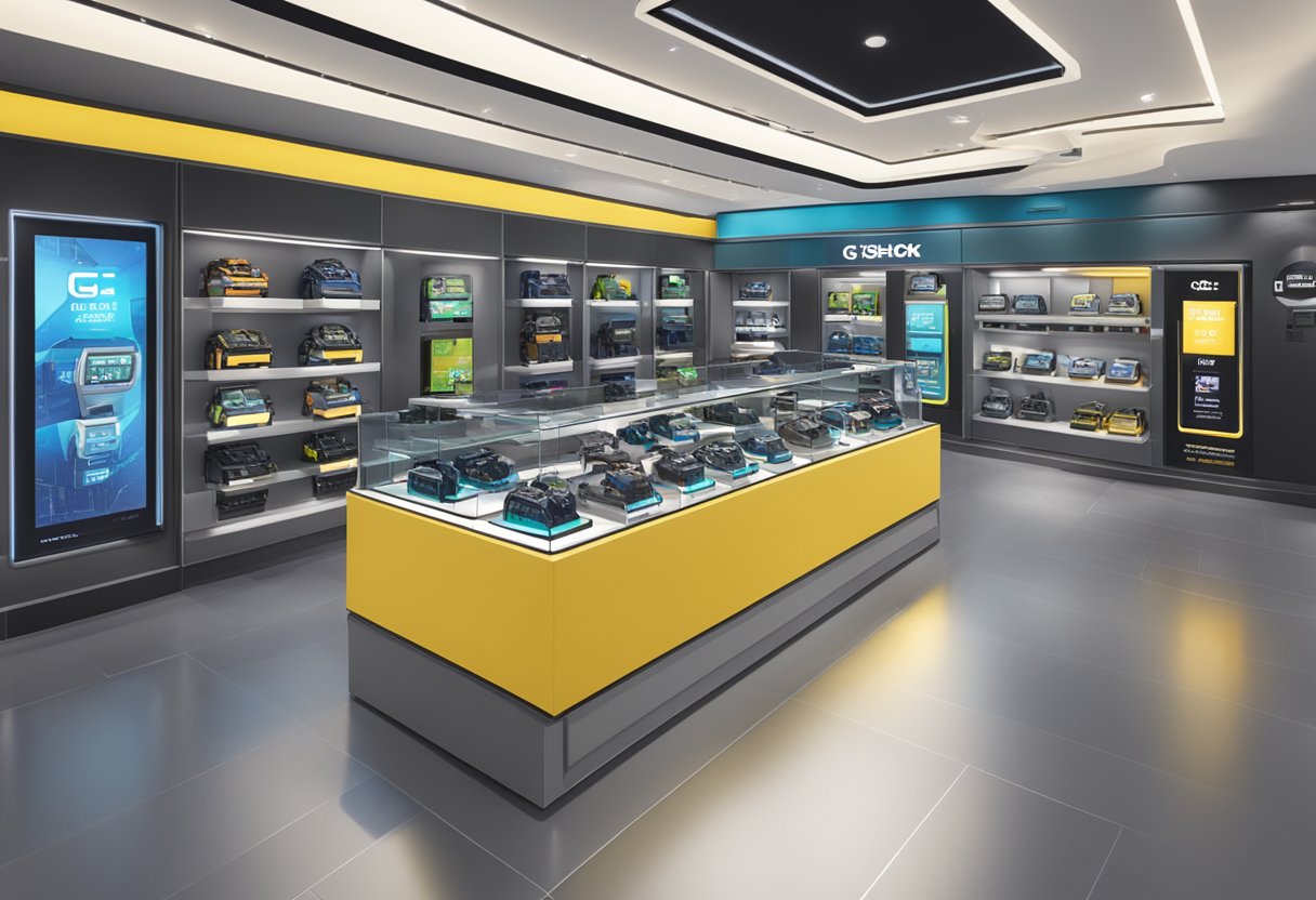 A display of G-Shock watches with the "Frequently Asked Questions" sign in a Singapore store