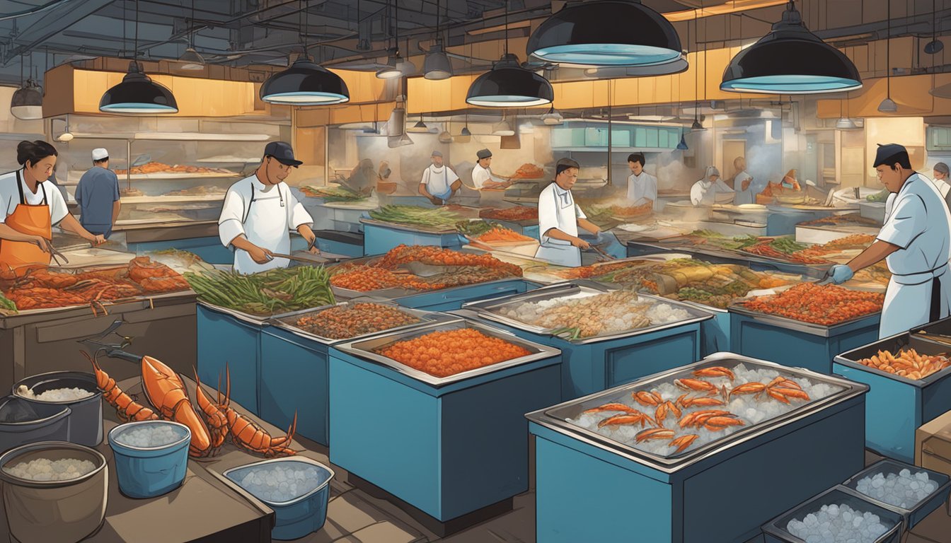 A bustling seafood market with tanks of live crabs and lobsters, a variety of fresh fish on ice, and a chef preparing a sizzling stir-fry