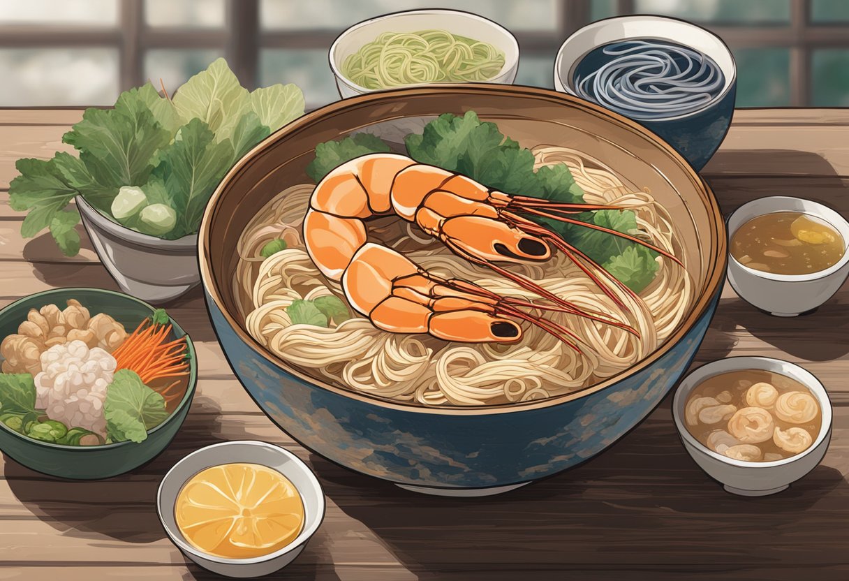 A steaming bowl of zion road big prawn noodle sits on a rustic wooden table, surrounded by condiments and chopsticks. Steam rises from the rich, fragrant broth, and plump prawns peek out from the tangle of