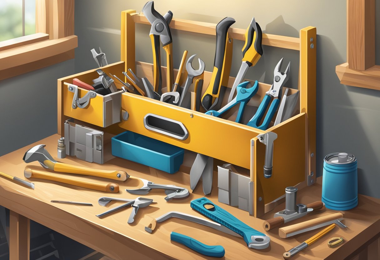A toolbox sits open on a workbench, with various tools neatly arranged inside. A ladder leans against the wall, and a hammer and nails are scattered on the floor