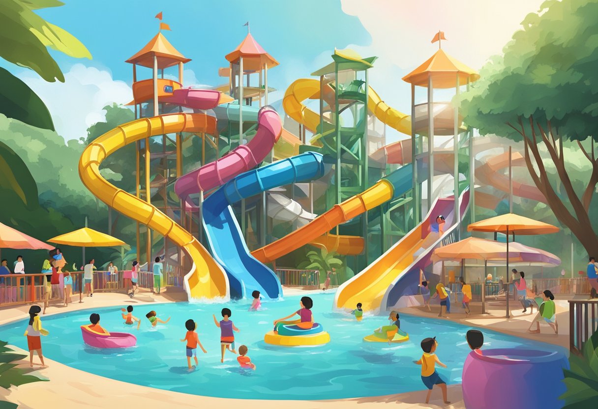 Colorful water slides tower over a bustling Singapore water park. Families relax in the sun while kids splash and play in the pools