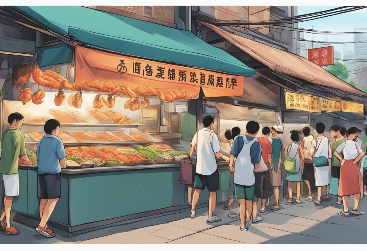 A bustling street with a prominent sign for "Frequently Asked Questions" Zion Road Big Prawn Noodle. Customers line up at the food stall, while the aroma of sizzling prawns fills the air