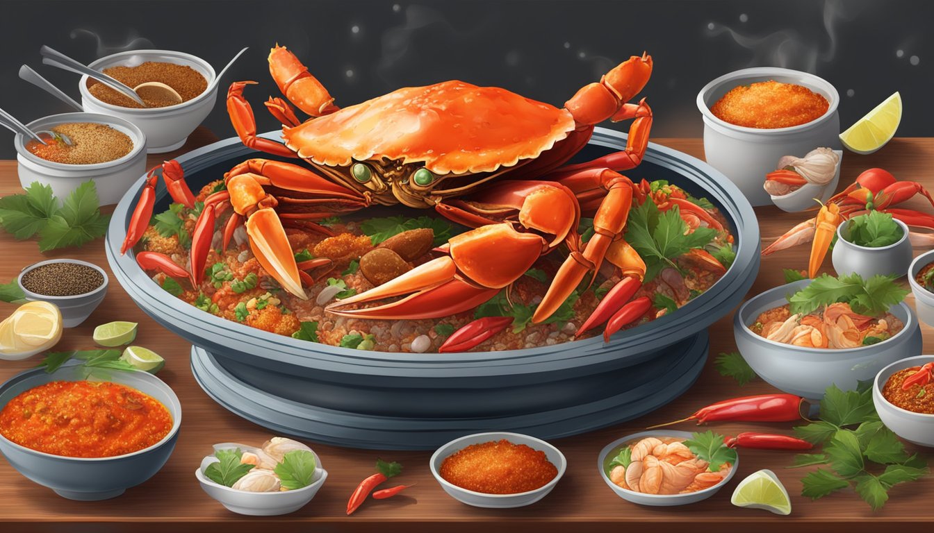 A table set with a steaming plate of Singaporean chili crab, surrounded by colorful spices and fresh seafood