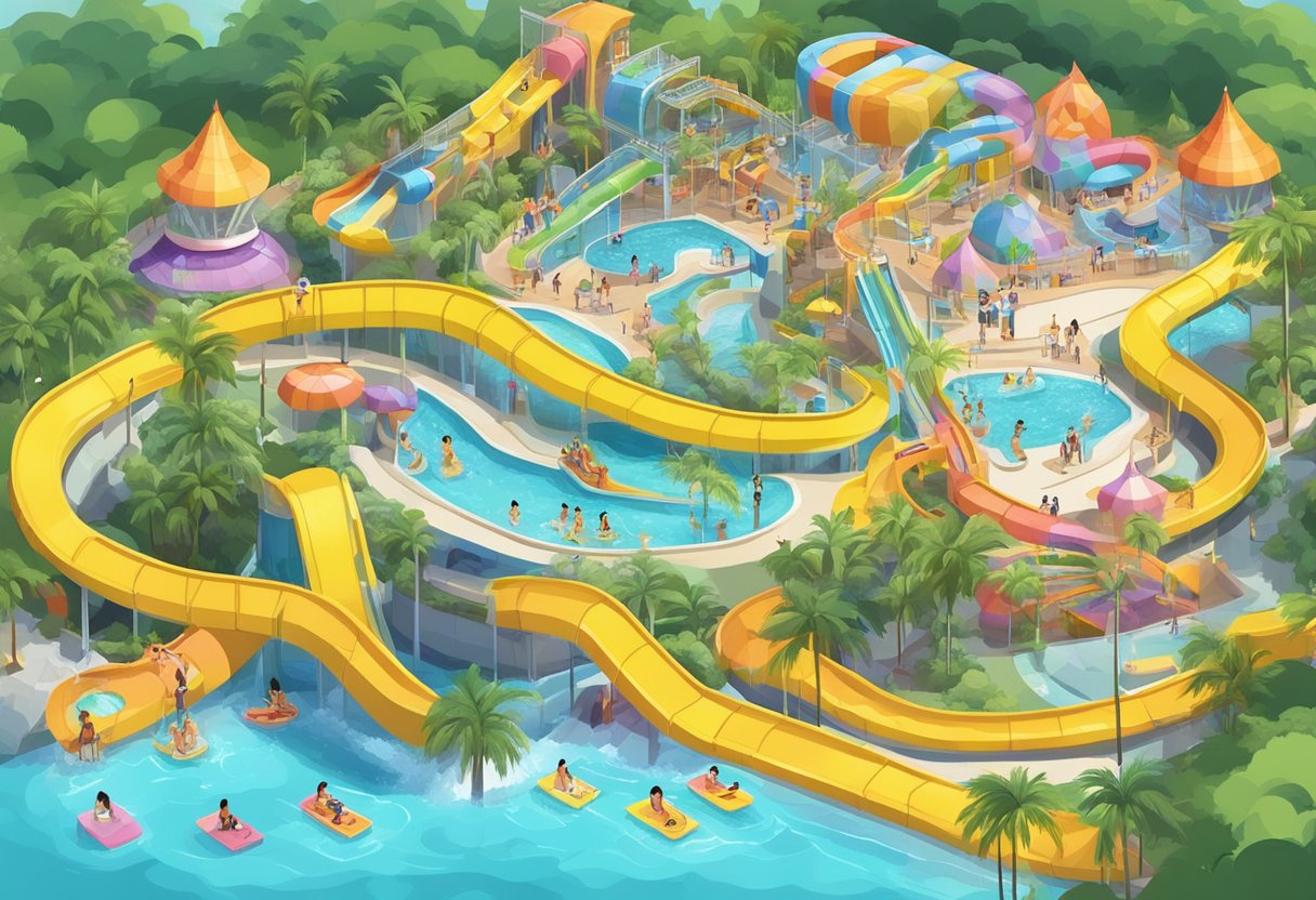 People enjoying water slides, pools, and attractions at a vibrant Singapore water park