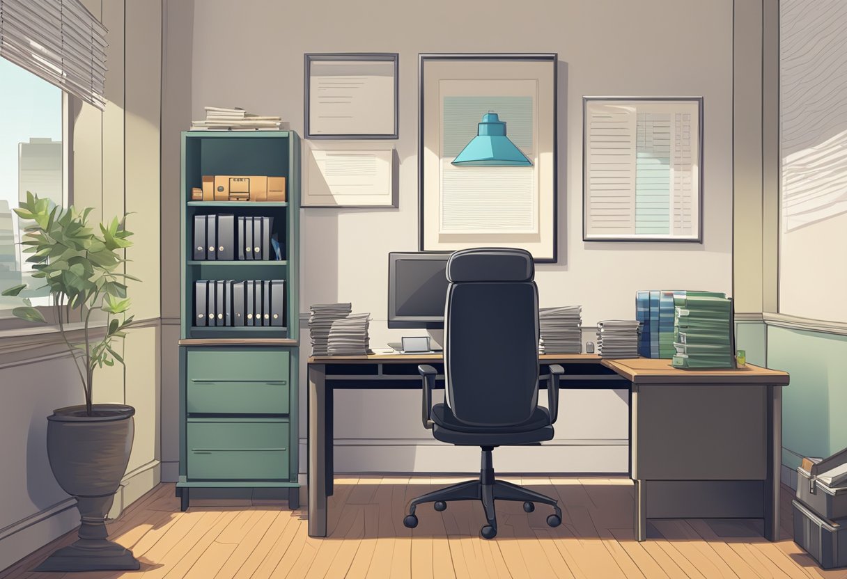 A money lender's office with a desk, chair, and safe. A sign on the wall displays interest rates. Files and paperwork are neatly organized