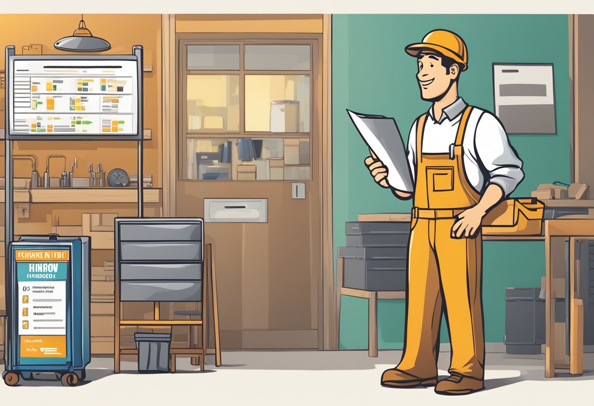 A handyman holding a price list with a toolbox in the background. A sign advertises "Hiring Now" with contact information displayed prominently
