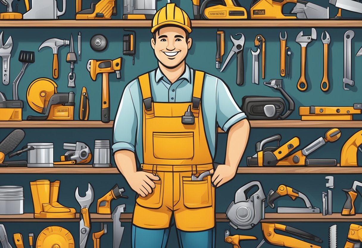 A handyman surrounded by tools and equipment, answering questions from customers with a friendly smile