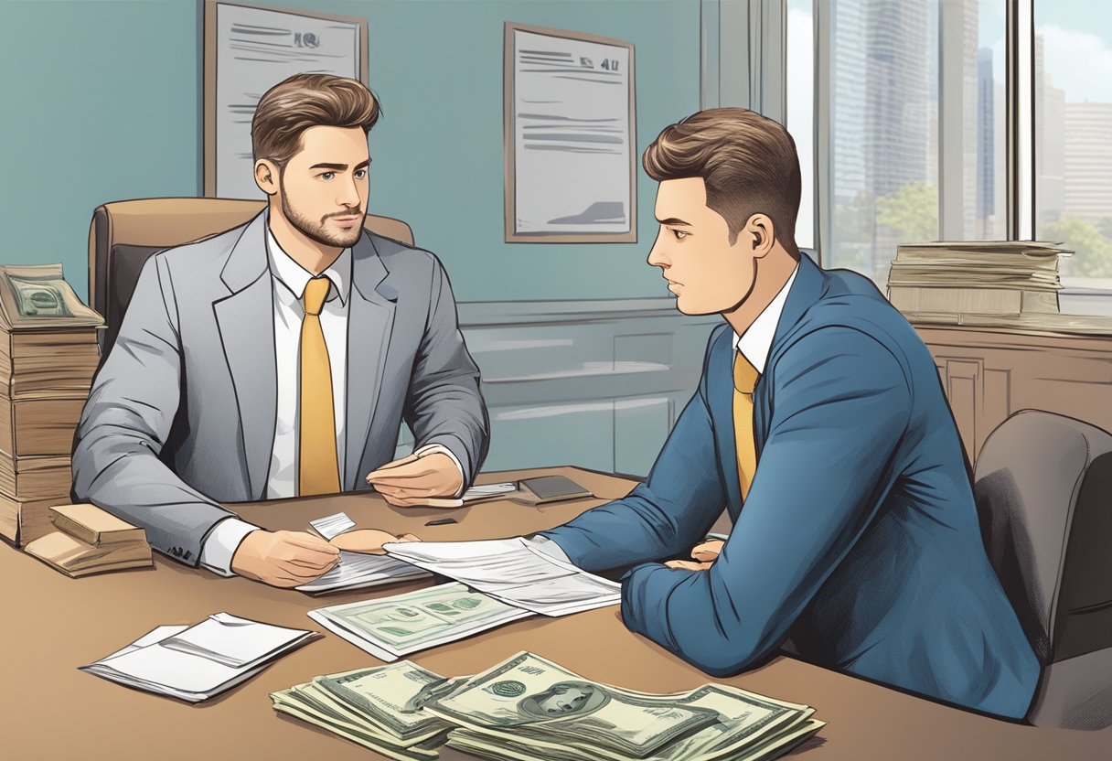 A money lender sits behind a desk, explaining terms to a borrower. A contract and cash are visible on the table. The lender's office is tidy and professional