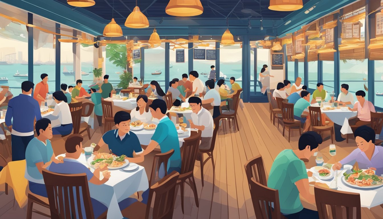 A bustling seafood restaurant in Singapore, with diners enjoying fresh crab and other delicacies. The interior is decorated with nautical themes and vibrant colors