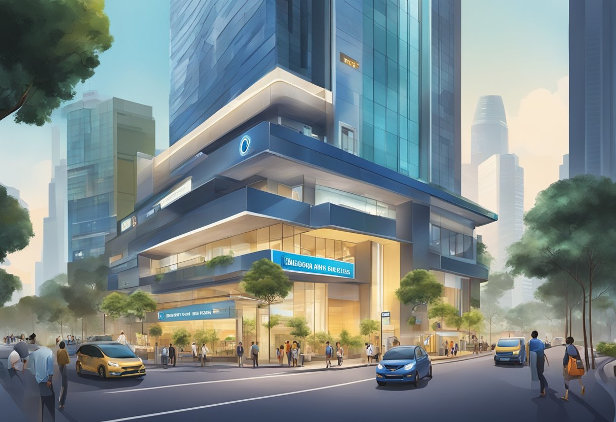 A bustling Singapore street with a modern Indian bank branch, featuring sleek architecture and a prominent sign