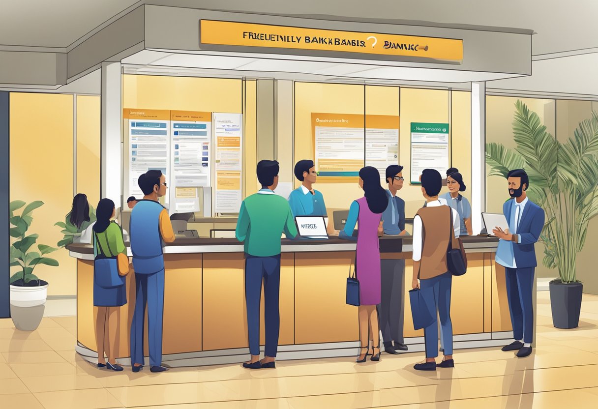 Customers lining up at the information desk with a sign "Frequently Asked Questions" at an Indian bank in Singapore