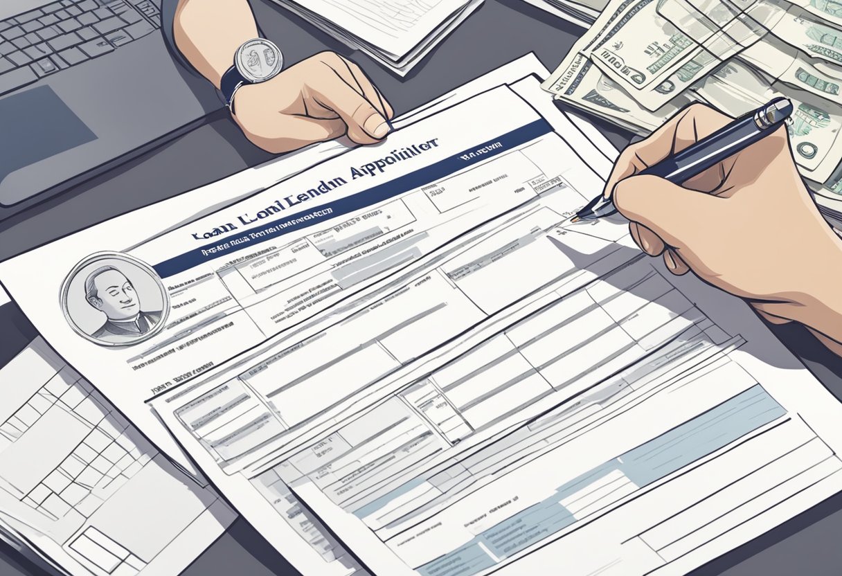 A person fills out a loan application form at a desk with a money lender in Singapore. The lender reviews the documents and discusses terms with the applicant