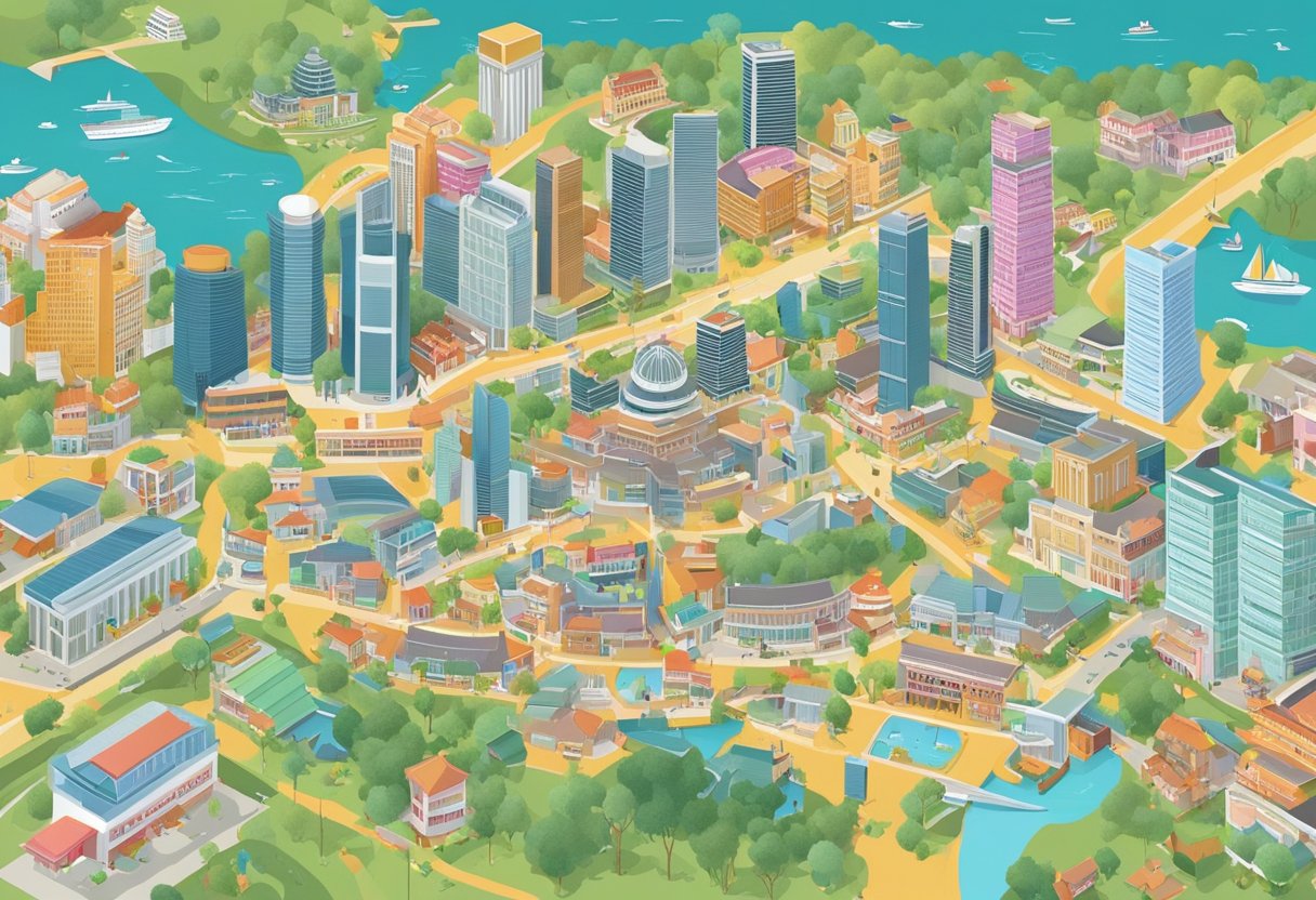 A colorful map of Singapore with landmarks and street names, surrounded by a diverse array of shops and businesses
