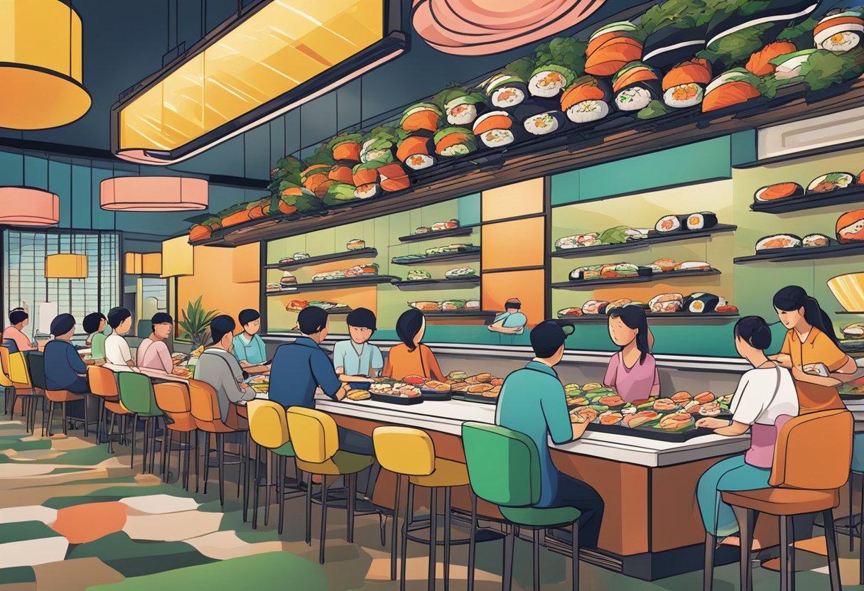 A bustling conveyor belt sushi restaurant with vibrant decor and a lively atmosphere. Customers enjoy fresh and colorful sushi plates as they glide past on the conveyor belt
