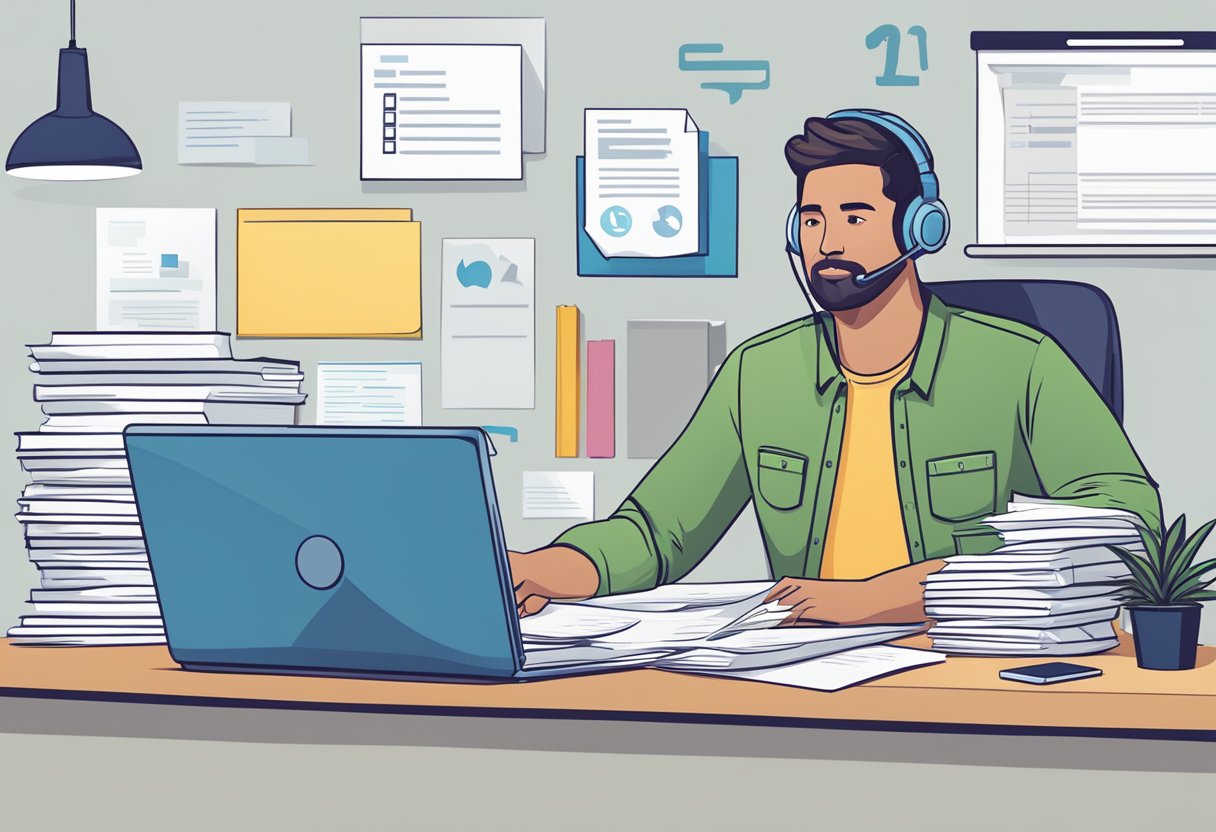 A customer service representative answering questions at a desk with a computer and phone, surrounded by a stack of FAQ sheets