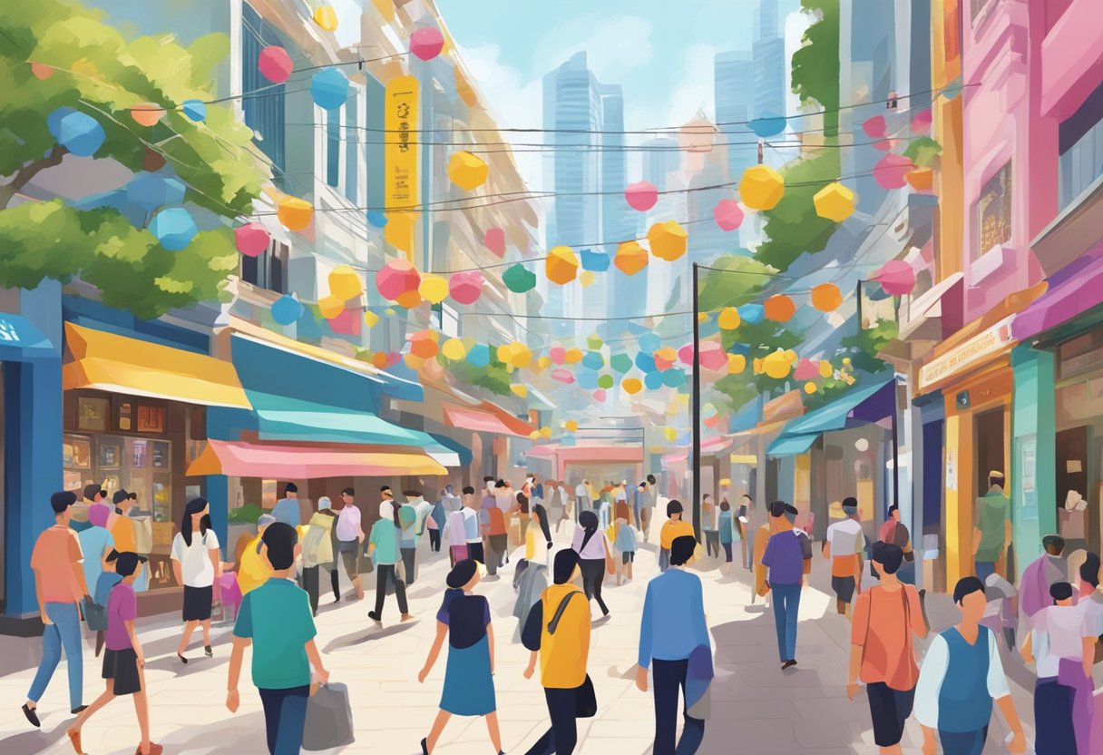 A bustling street with colorful signs and people walking towards the Jem Singapore directory