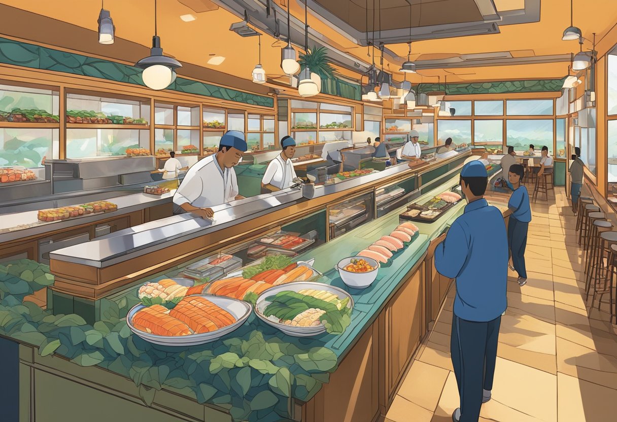 A colorful sushi conveyor belt winds through a bustling restaurant, with chefs expertly crafting fresh rolls and sashimi behind the counter. Customers sit at the bar or in cozy booths, enjoying their meals and chatting with friends