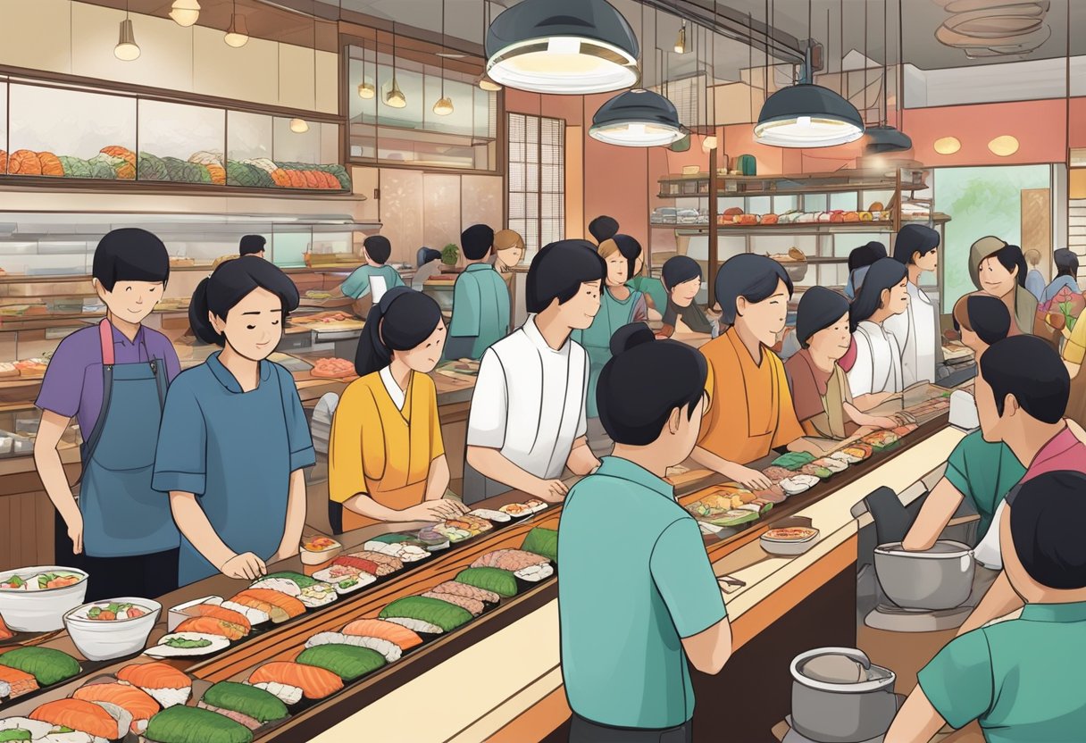 A bustling sushi restaurant with customers lining up, a colorful sushi conveyor belt, and a friendly staff answering questions