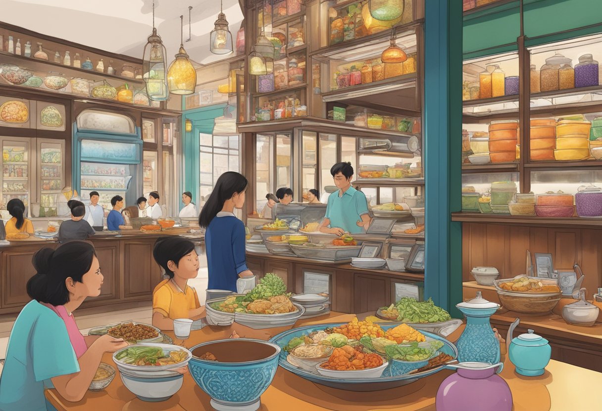 Customers browsing menu at Zam Zam Singapore, with colorful dishes and drinks on display, while the aroma of spices fills the air