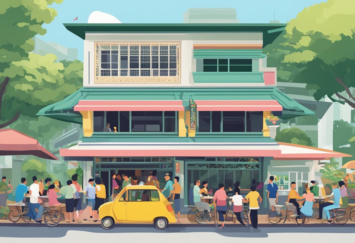People gather around the iconic Zam Zam restaurant in Singapore, with its colorful sign and bustling outdoor seating area