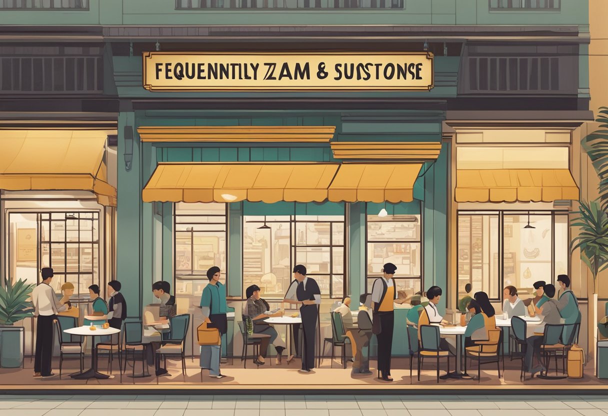 A bustling restaurant with a prominent sign reading "Frequently Asked Questions zam zam singapore" above the entrance. Customers and staff are engaged in lively conversations and dining