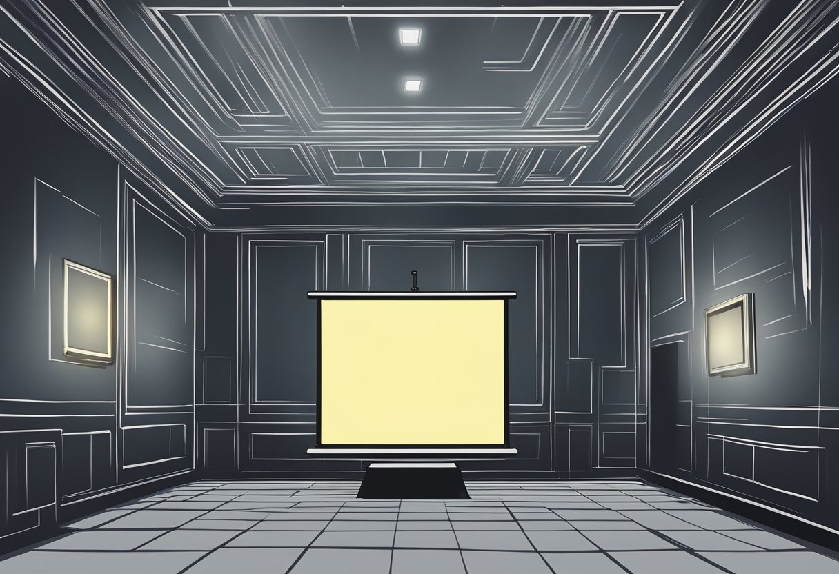 A dark room with a glowing projector casting light on a blank screen in Singapore
