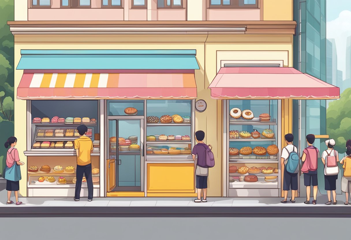 A colorful and bustling mister donut shop in Singapore, with a display of delicious pastries and a line of customers eagerly waiting to order