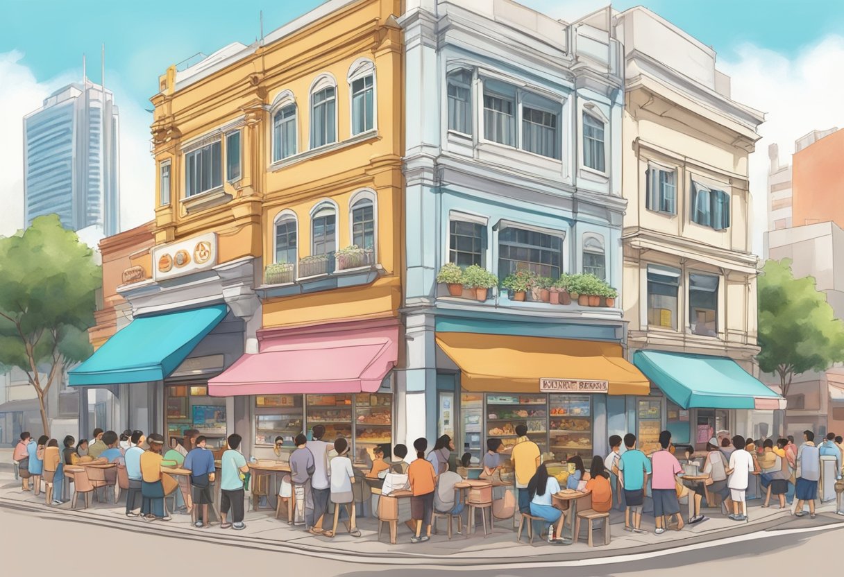 A bustling street in Singapore, with a vibrant Mister Donut storefront surrounded by eager customers enjoying the iconic donuts and coffee