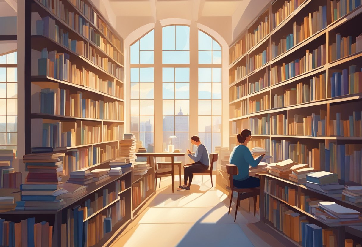 People wander among shelves, reading and studying. Sunlight streams in through large windows, illuminating the vast collection of books and quiet study areas