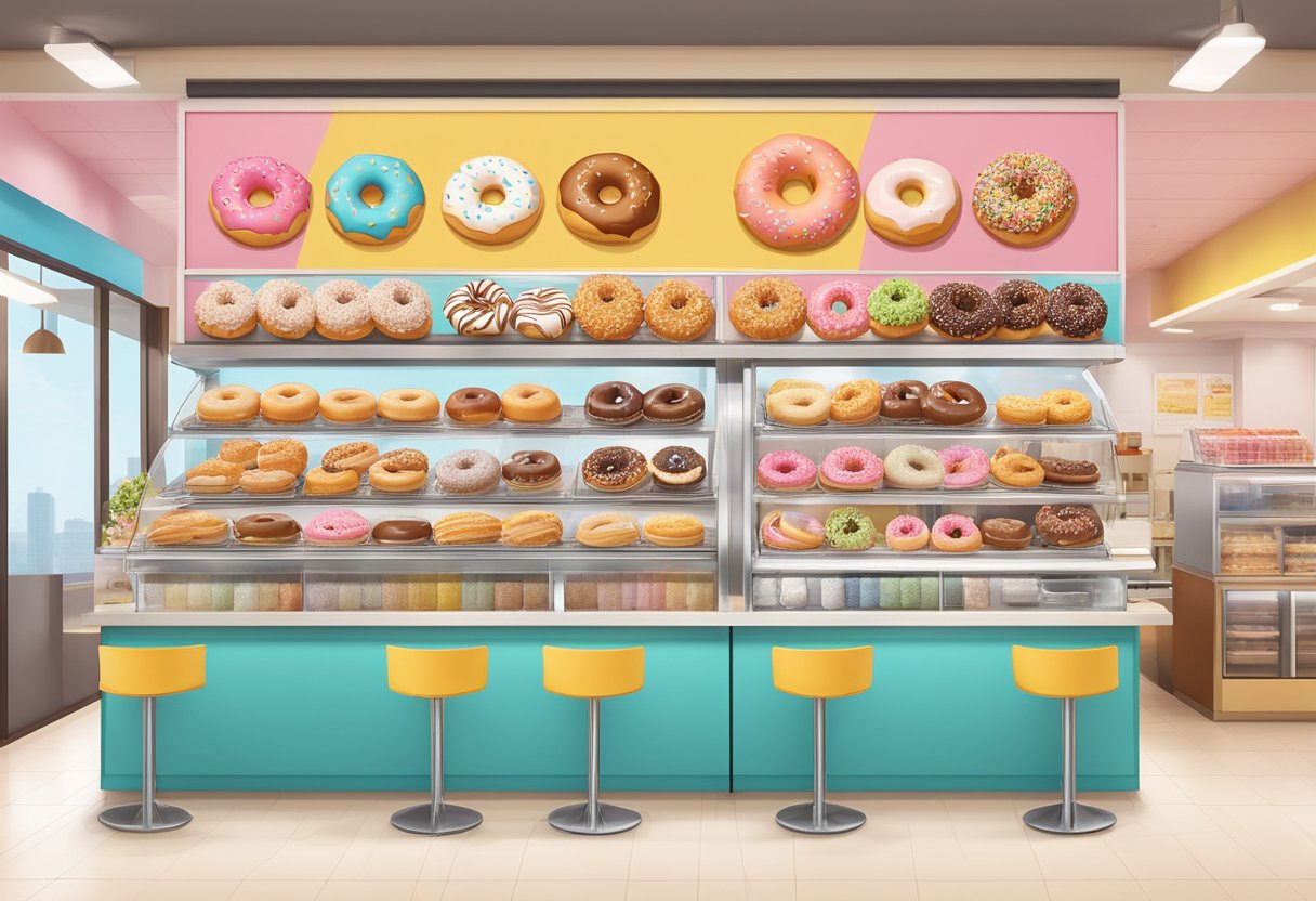 A colorful menu board displays a variety of donut flavors and specialties at Mister Donut Singapore