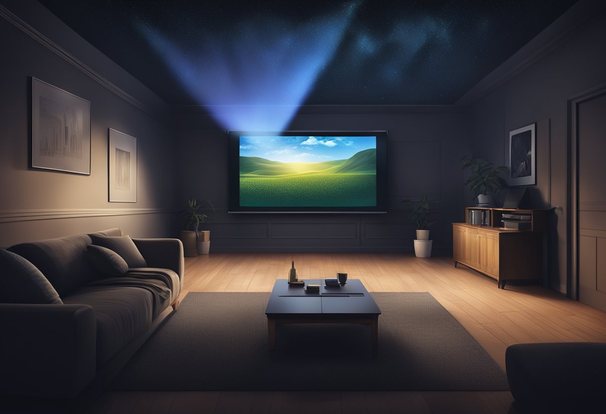 A dark room with a bright, high-definition projector beaming a crisp image onto a large screen, creating an immersive and enhanced viewing experience