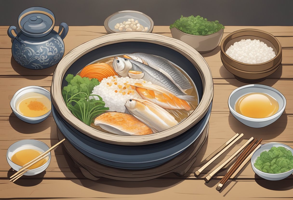 A steaming bowl of Piao Ji fish porridge sits on a rustic wooden table, surrounded by small dishes of condiments and chopsticks. Steam rises from the bowl, hinting at the delicious aroma of the flavorful broth and tender fish pieces