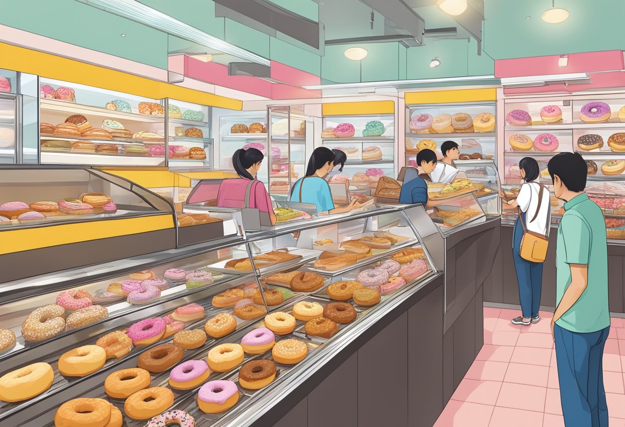 A colorful display of donuts and signage at a busy mister donut store in Singapore. Customers line up while staff serve pastries