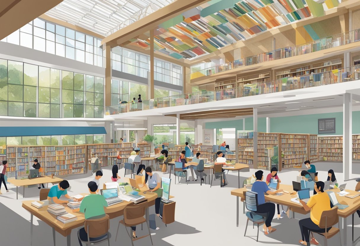 The public library in Singapore bustles with activity as people browse books, attend workshops, and use the community spaces for learning and collaboration