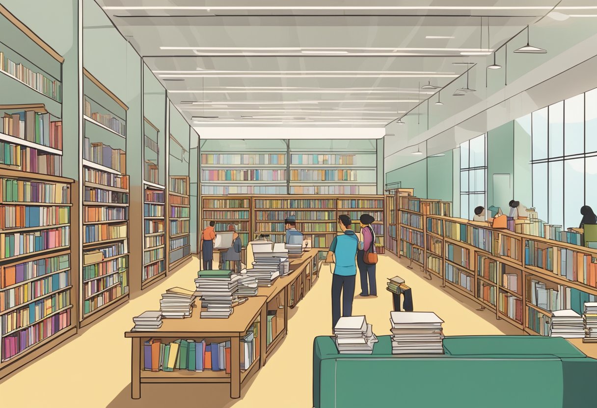 A library in Singapore with a sign reading "Frequently Asked Questions" and people browsing shelves