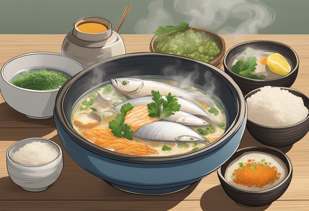 A steaming bowl of piao ji fish porridge sits on a wooden table, surrounded by small dishes of condiments. Steam rises from the bowl, and the savory aroma fills the air