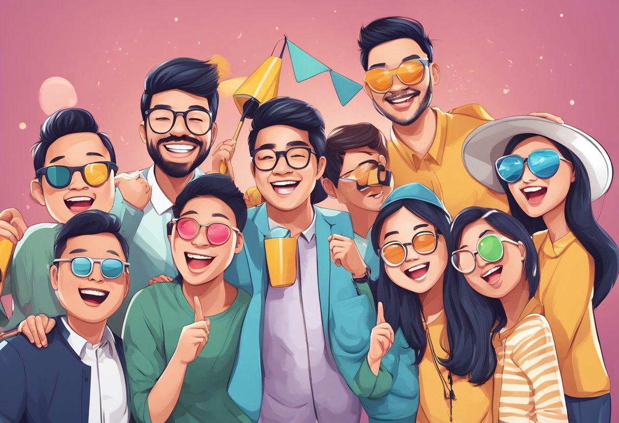 A group of people are trying out different photo booth options at an event in Singapore, laughing and posing with props