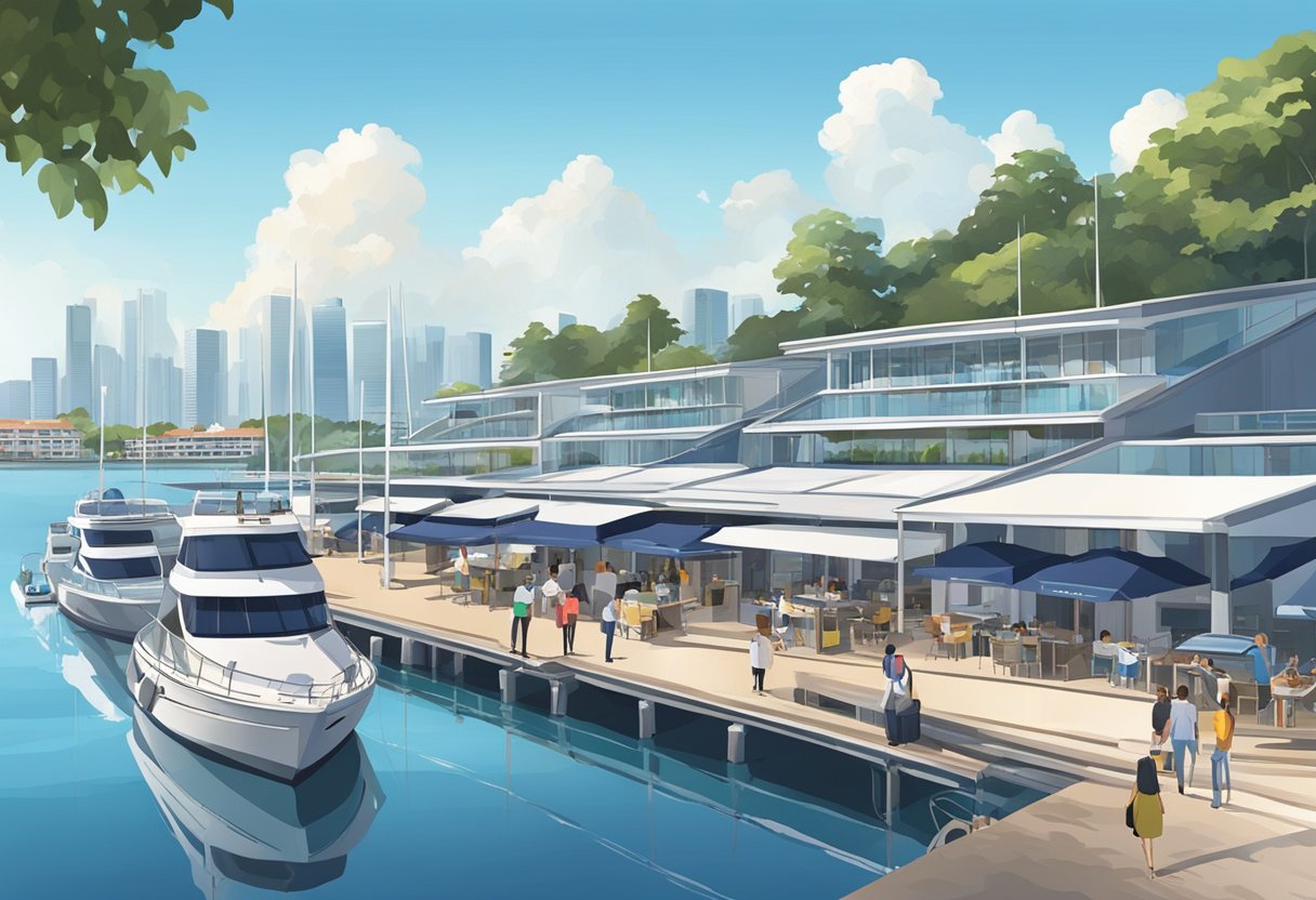 The Republic of Singapore Yacht Club sits on the waterfront, with sleek boats lining the marina under a clear blue sky